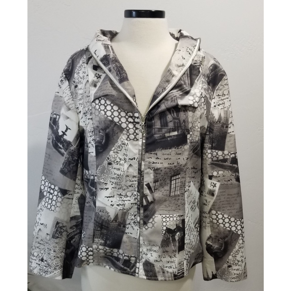 Samuel Dong Jacket Womens XL Gray Black Photo Print Zip Art to Wear Satin